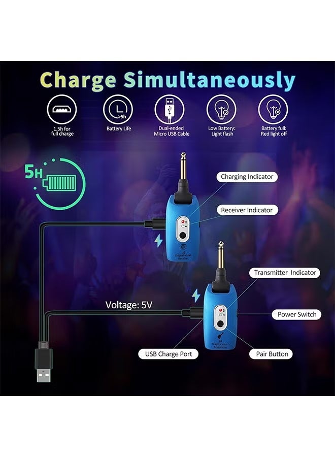 نظام جيتار لاسلكي A9 2.4 جيجا هرتز بطارية ليثيوم قابلة لإعادة الشحن مدمجة جهاز إرسال واستقبال صوتي لاسلكي قابل للدوران 270 درجة للجيتار الصوتي والباس والكمان ولوحة المفاتيح والأدوات الكهربائية، أزرق - Image 3